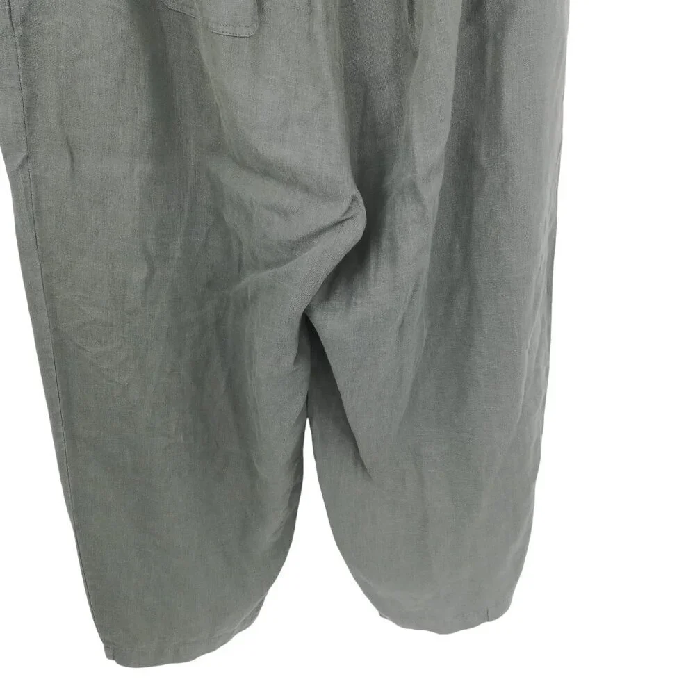 Poetry Gray 100% Linen Pull On Elastic Waist Wide Leg Pants Size 14 Lagenlook